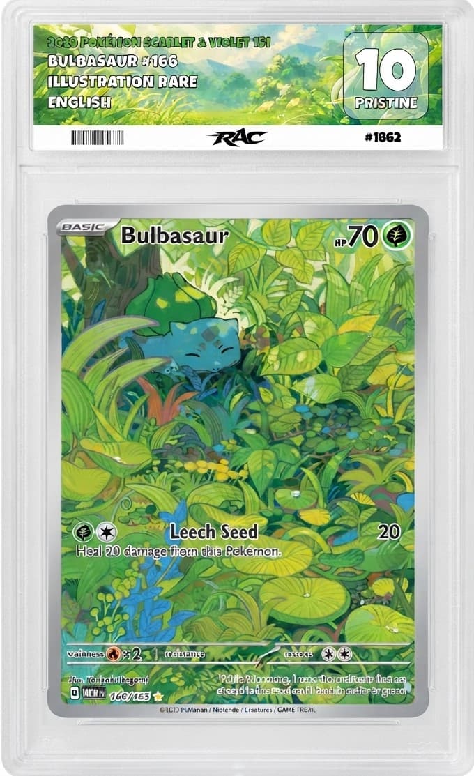 Graded Bulbasaur trading card, Pristine 10, Illustration Rare